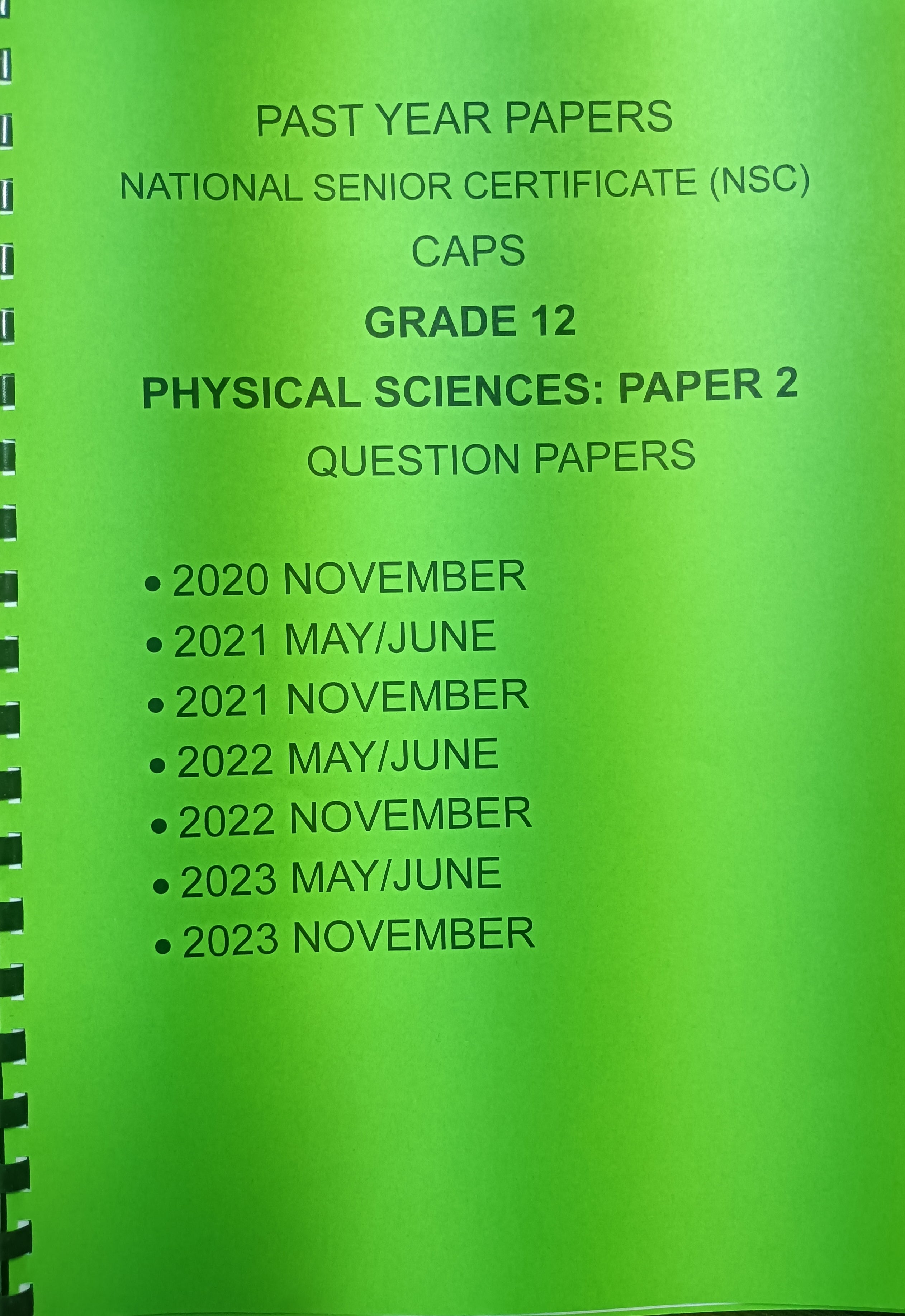 Grade 12 Physical Science Paper 2 Chemistry Past Year Papers and Memos